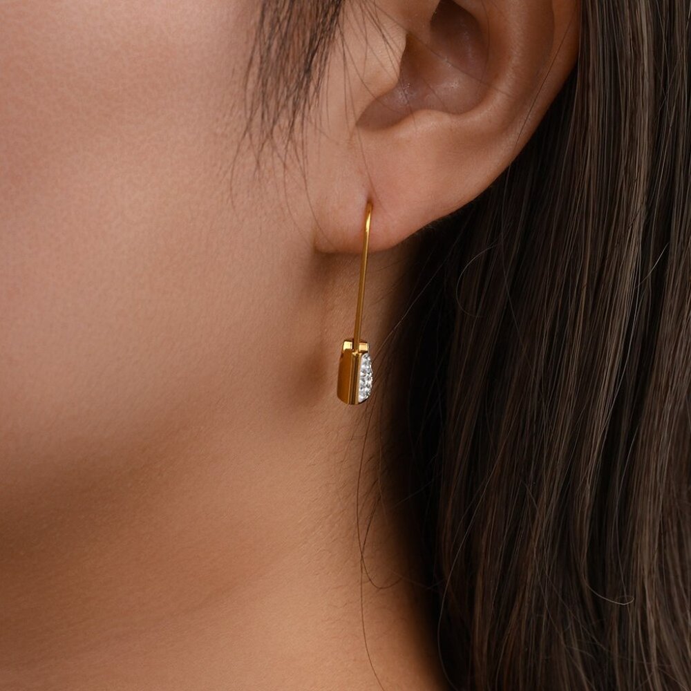 Safety Pin Lock White Zircon Dangle Earrings 18K Gold Plated Stainless - Picture 5 of 9